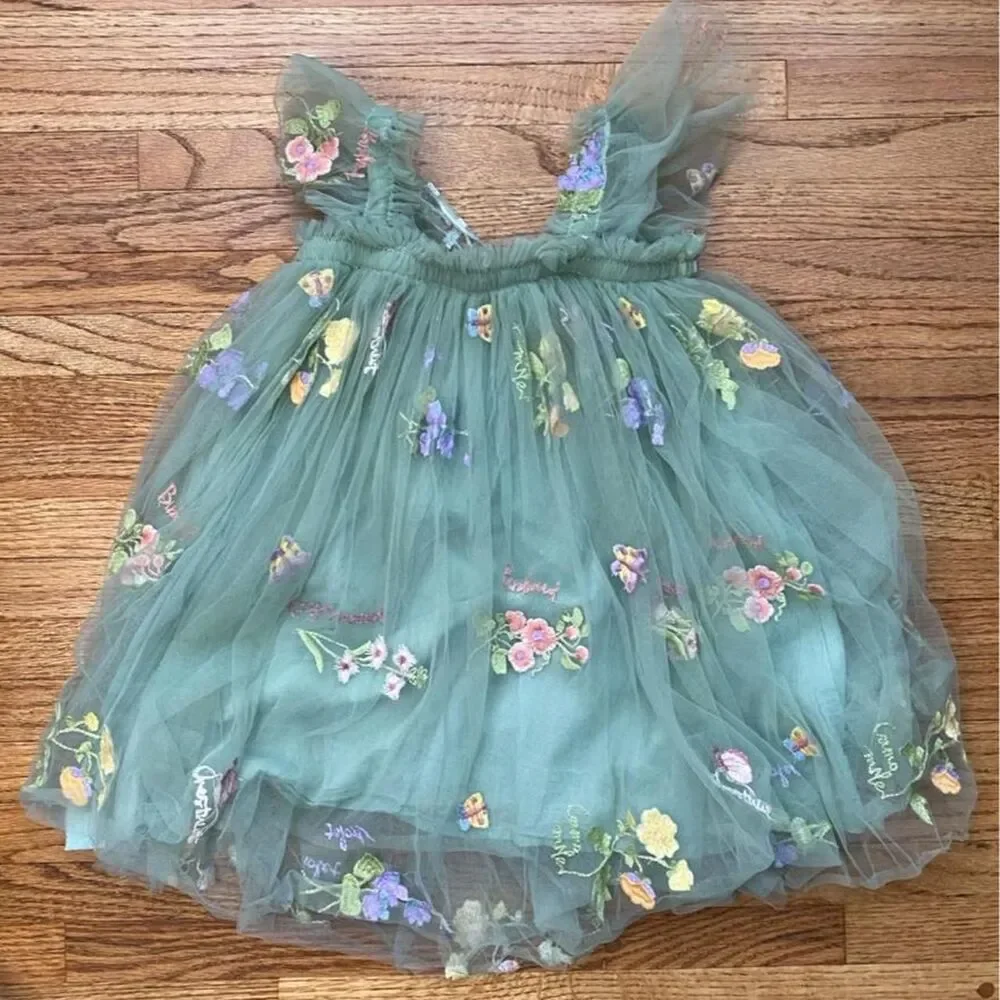 Girls Sage Green Fairycore Tulle Dress 2T Embroidered Butterfly Wings Floral